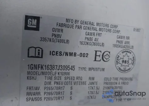 2007 Chevrolet Suburban 1500 Ls/Lt/Ltz from USA, damaged, VIN 1GNFK16387J309545